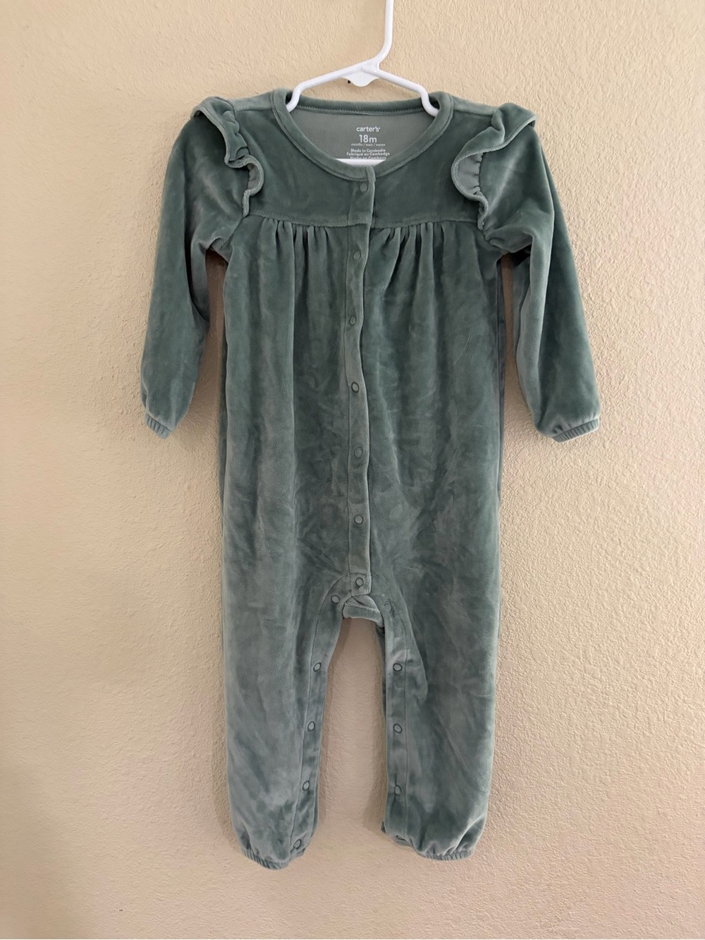 Carter's Sage Green Velvet Snap-Front One-Piece